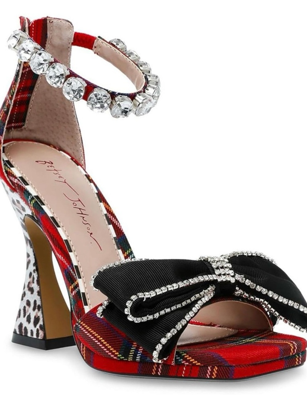 Betsey Johnson Guliana Red Plaid Black Bow Animal Print Heels Sz 8 Crystals Glam